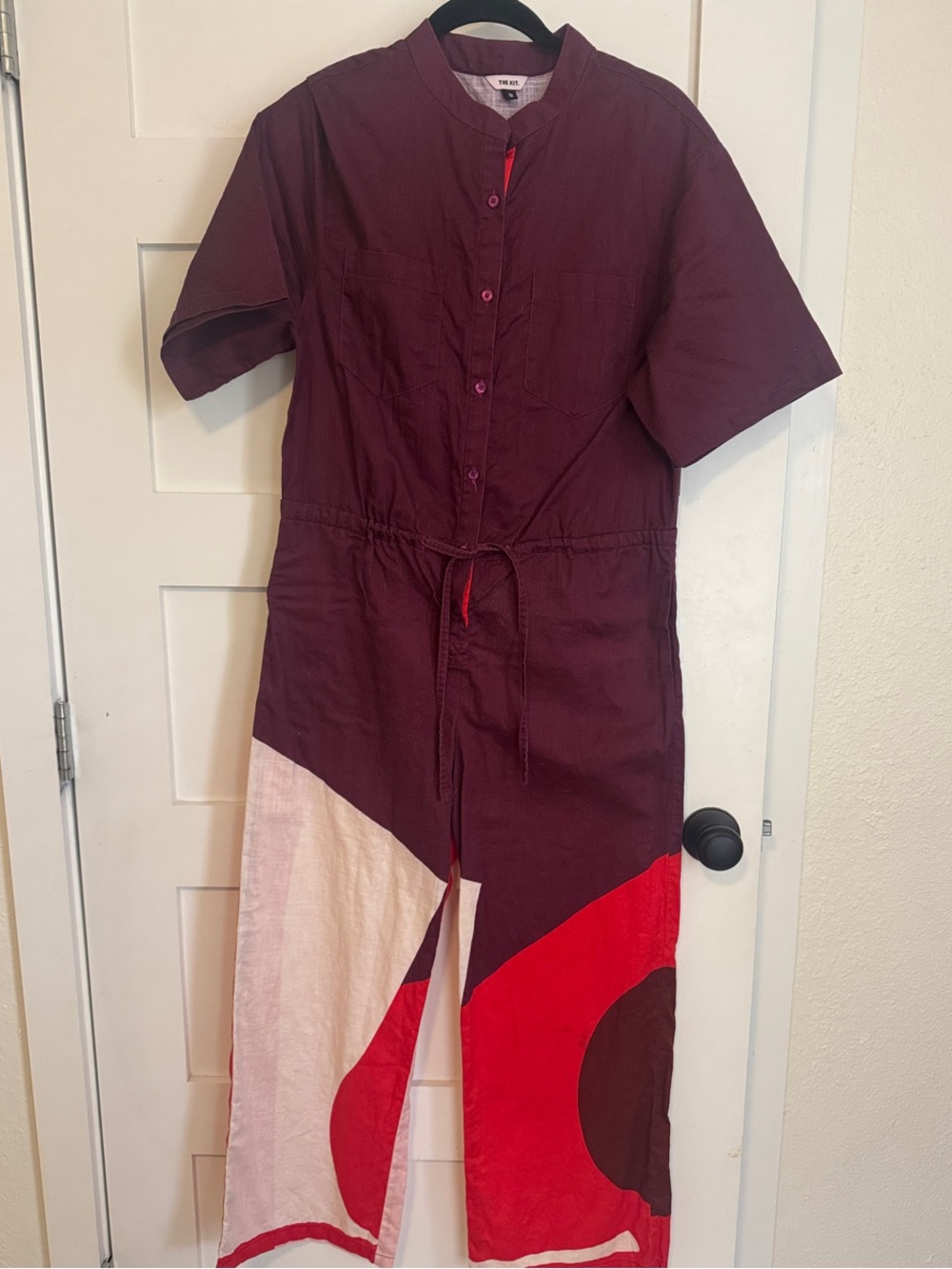 Colorblock Short-Sleeve Jumpsuit in Burgundy, Red & Cream - Picture 6 of 7